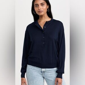 Good American Women's Navy Tissue Weight Henley Button-Up Sweater, Size 3/4